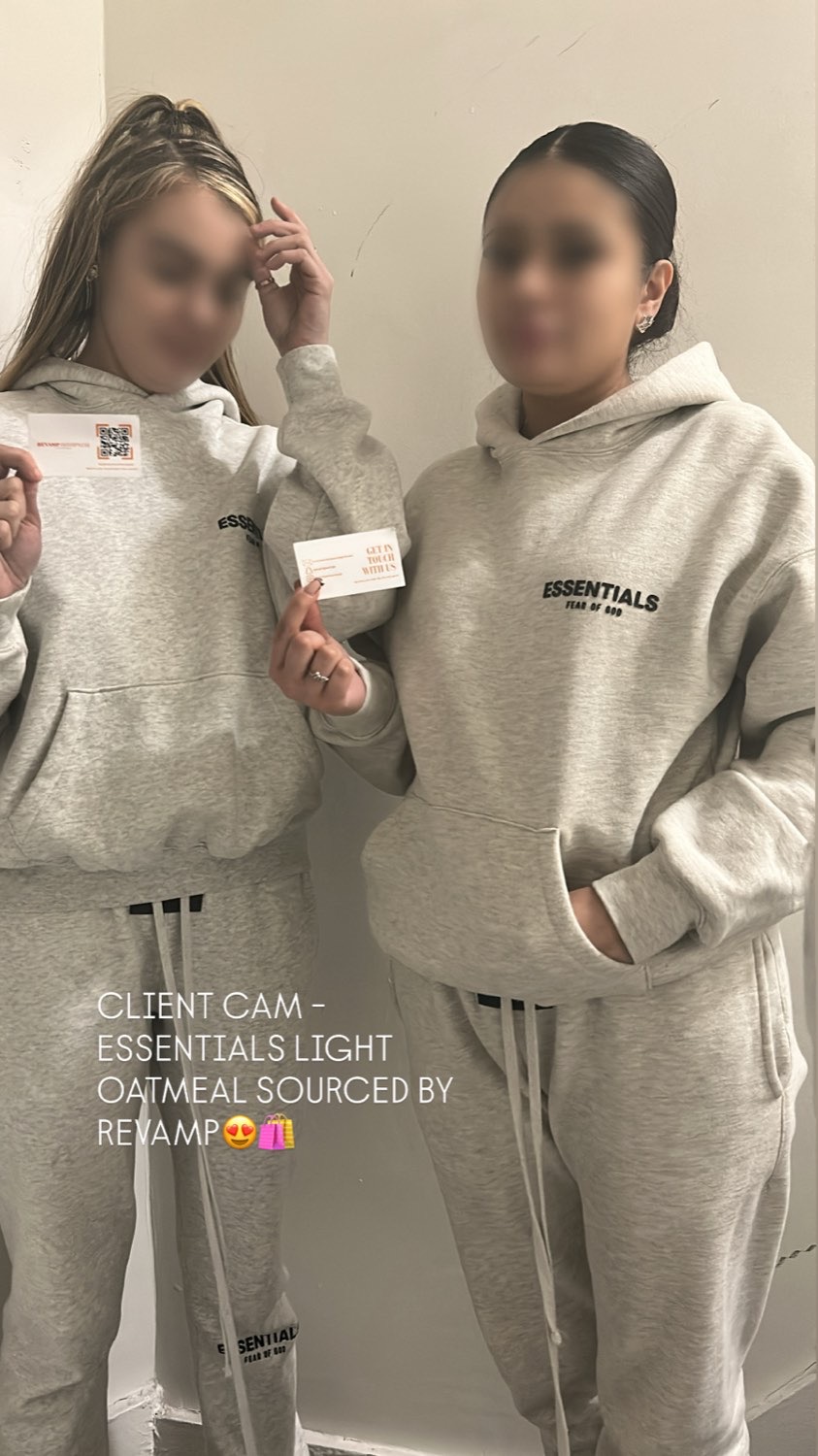 Two clients in matching Essentials hoodies and joggers in light oatmeal