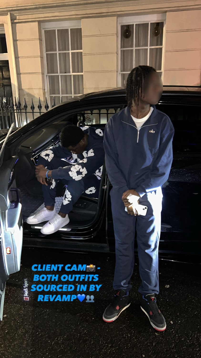 Two clients by a car at night, one in Denim Tears, one in an Alo tracksuit
